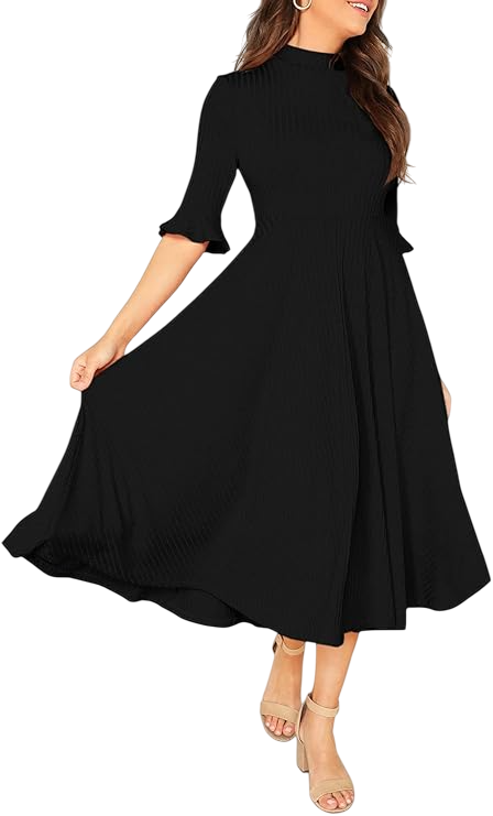 Ruffle Half Sleeve A Line Fall Dresses Elegant Fit and Flare Midi Dress by Verdusa